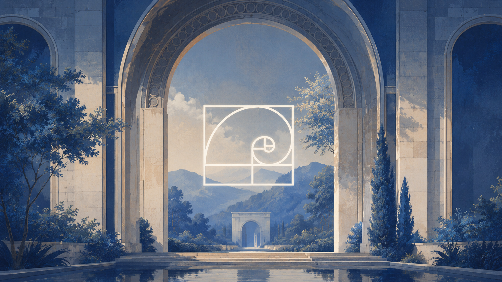 Blue architectural arch with a Fibonacci mark